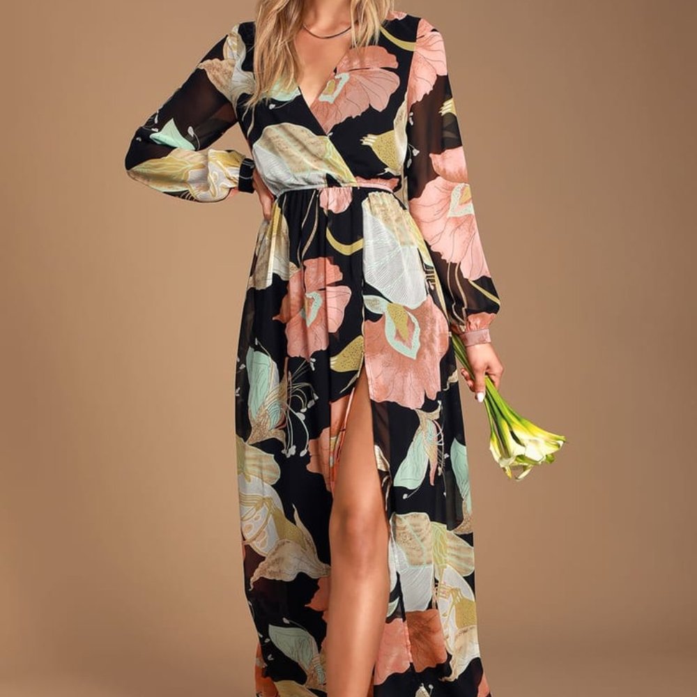 Lulus Wondrous Water Lilies Black Floral Maxi Dress